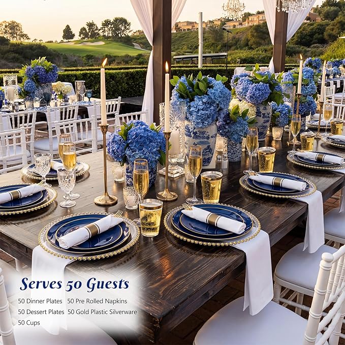 KIRE 350Pcs Blue and Gold Plates -Heavy Duty Navy Blue Dinnerware Set - 100 Plastic Plates 50 Pre Rolled Napkins with Gold Plastic Silverware 50 Cups for Birthday/Wedding/Parties/Graduation