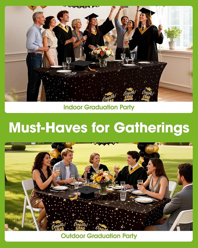 Pureegg Graduation Decorations 2026 Spandex Tablecloth 6ft - 2 Pack, Class of 2026 Black Fitted Stretch Rectangle Table Cover, Wrinkle-Free Tight Tablecloth for Graduation Party, Banquet