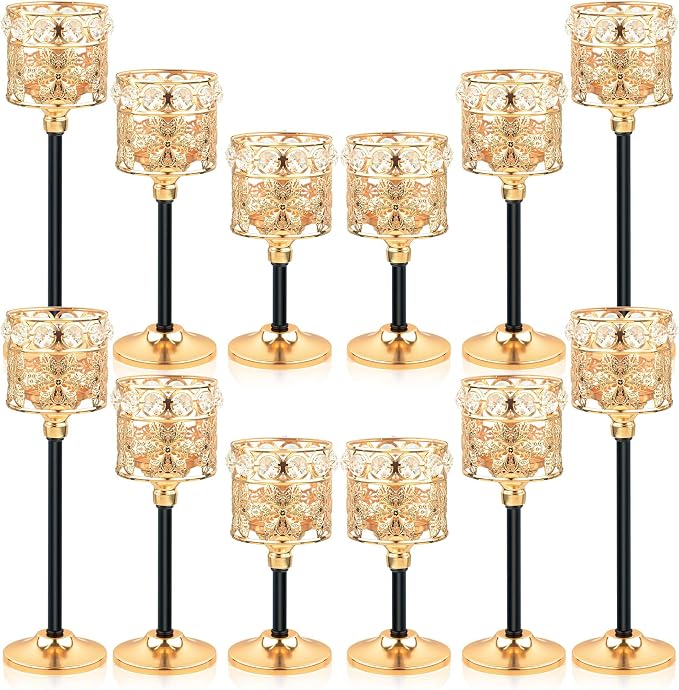 Set of 12 Floral-Carved Crystal & Metal Tealight Candelabras Bulk- Elegant Gold & Black Wedding Centerpiece, Dining Table Decor, Votive Candle Holders