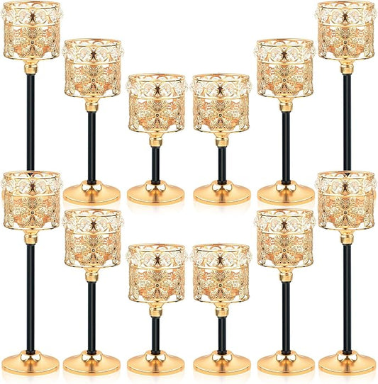 Set of 12 Floral-Carved Crystal & Metal Tealight Candelabras Bulk- Elegant Gold & Black Wedding Centerpiece, Dining Table Decor, Votive Candle Holders