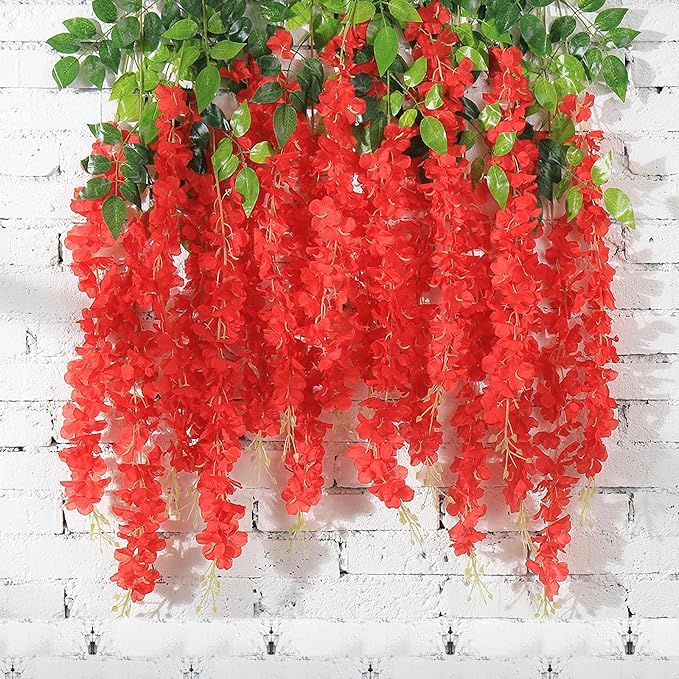 24Pcs Artificial Wisteria Hanging Flowers, 3.6Ft/Pcs Red Fake Wisteria Garland for Wedding Party Home Garden Indoor Outdoor Decoration