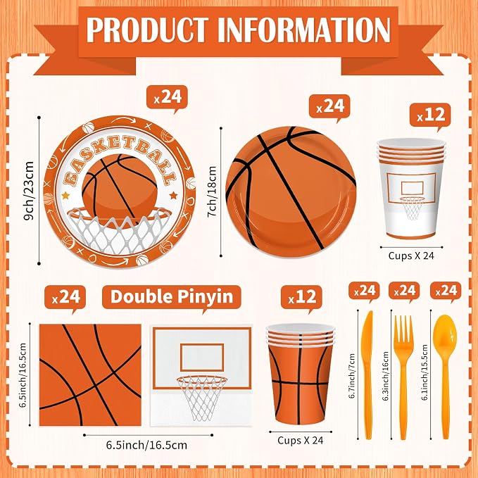 168PCS Basketball Party Supplies for Teenagers Sports Themed Birthday Party Decorations Basketball Team Paper Plates Napkin Cups Forks Knives Tableware for 24 Guests