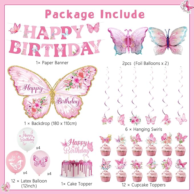 Roetyce Butterfly Birthday Decorations Girls, Pink Happy Birthday Banner Backdrop Balloons Hanging Swirls Cake Topper Kit for Home Party, Women Butterfly Themed Party Suppiles Photo Background
