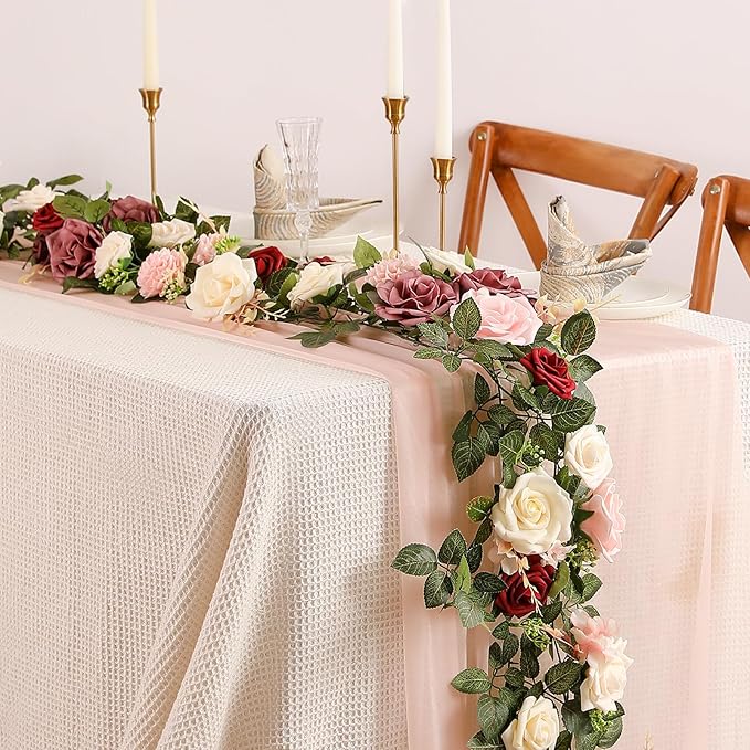 2Pcs Garisey 5FT Dusty Rose Artificial Flower Garland Blush Rose Floral Garland Arch Rose Vine for Wedding Ceremony Party Backdrop Decor Arch Flowers Mantel Table Centerpieces Decorations, Burgundy