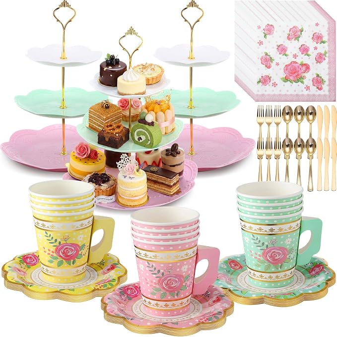 Layhit 83 Pcs Disposable Tea Party Set with 3 Tier Cake Stand Vintage Floral Paper Cups Plates Napkins Cutlery for Women Girls Birthday Baby Shower Bridal Shower Tea(Novel)