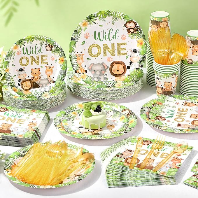 Funnymoom 400 Pcs Wild One Birthday Party Supplies for 50 Guests 1st First Safari Jungle Baby Shower Disposable Plate Napkin Cup Spoon Fork Knives for Boys Animal Party Decoration