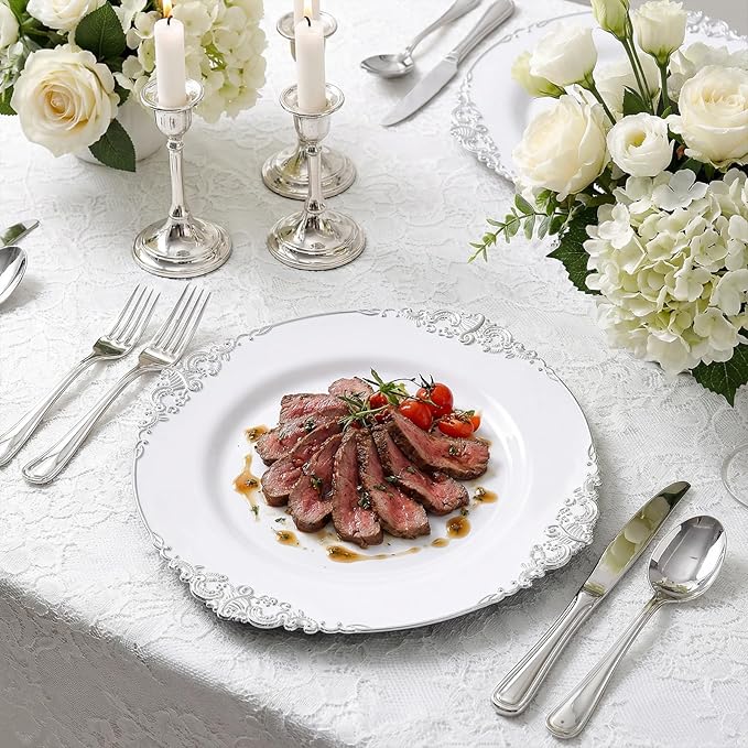 102PCS White and Silver Plastic Plates - Heavyweight Silver Plate - Wedding Plate with Silver Rim - Fancy Dinner & Dessert Plates for 51 Guests Weddings & Parties