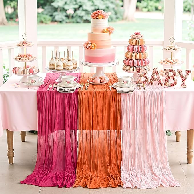 6 Pcs Pink Orange Sunset Party Decorations Table Runner Cloth Summer Boho Gauze Cheese Cloth Runner 118" Rustic Table Decor for Wedding Birthday Party Baby Bridal Shower Tequila Decor