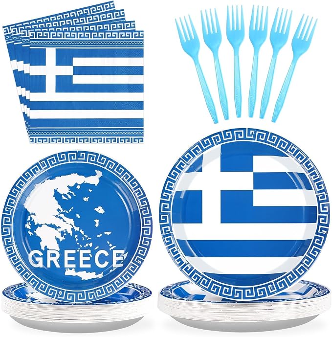 96PCS Greek Flag Birthday Party Supplies Greece Flag Plates Disposable Greek Paper Tableware Set for Blue Greece Independence Day Birthday Decorations Family Gathering Dining Celebration, Serves 24