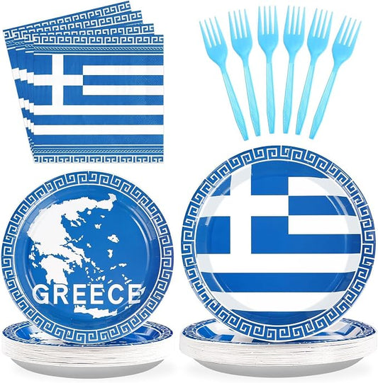 96PCS Greek Flag Birthday Party Supplies Greece Flag Plates Disposable Greek Paper Tableware Set for Blue Greece Independence Day Birthday Decorations Family Gathering Dining Celebration, Serves 24