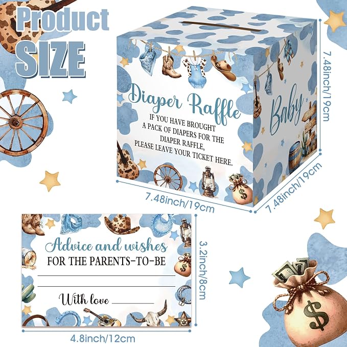Teling 51 Pieces Diaper Raffle Tickets with Card Box Baby Shower Decorations Baby Shower Holder Box for Girl Boy Diaper Raffle Party(A Small Cowboy is on the Way)