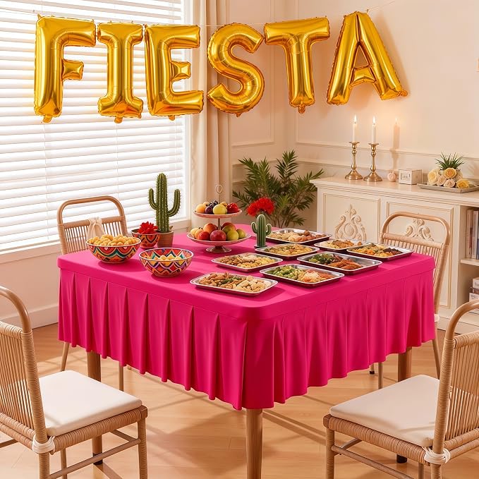 Wish Care Hot Pink Spandex Tablecloths for 48x48 Inch Square Tables, Stretch Fitted Table Clothes with Pleated Ruffle Skirt for 48” Table, Wrinkle Free and Elastic, for Party Kitchen Home Dining
