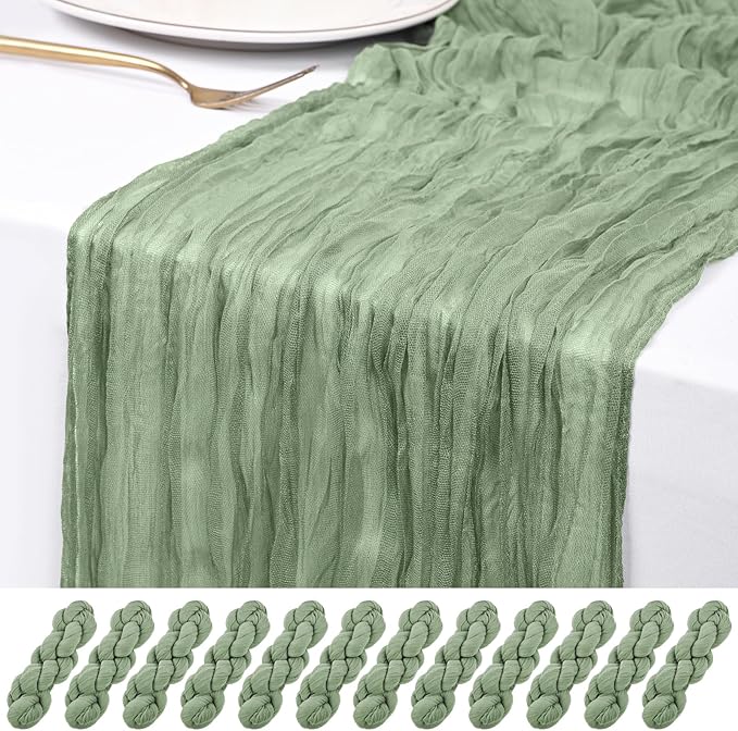 12 Pack Sage Green Cheesecloth Table Runner 120 inch Fall Thanksgiving Boho Rustic Gauze Farmhouse 10FT Cheese Cloth Runner for Baby Shower Wedding Party Holiday Home Decor