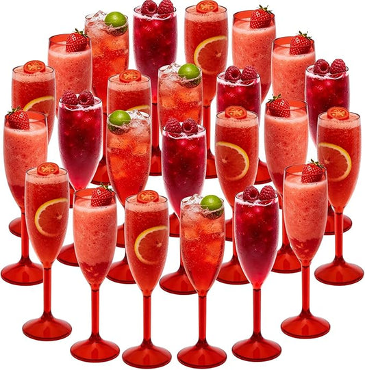 24 Pcs Champagne Flutes 5.4OZ Plastic Champagne Glasses Wine Glasses Plastic Goblets for Parties Mimosa Bar Glasses Stemmed Drinking Cups for Wedding Celebration Christmas Birthday Bride (Clear Red)