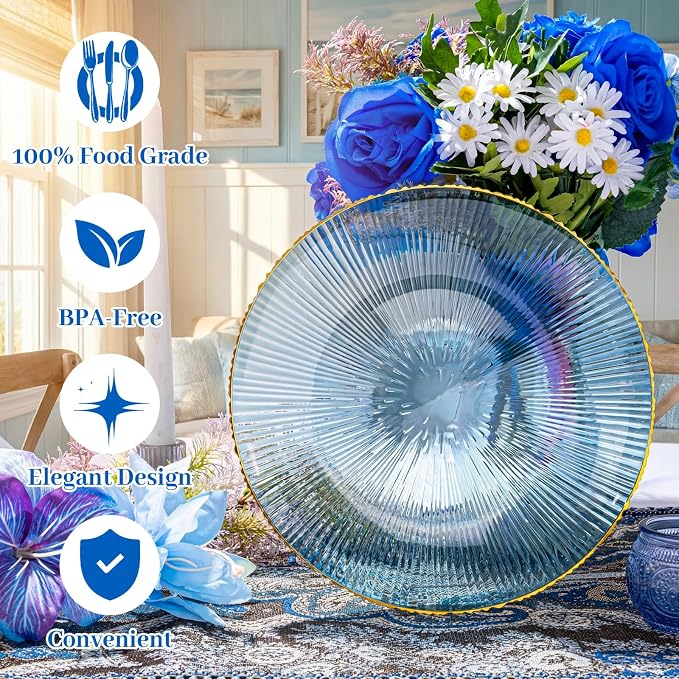 DaYammi 60Pcs Blue Plastic Plates with Gold Rimmed - Disposable Plates for Party Include:30 Dinner Plate 30 Dessert plate,Blue Plate with Radial Texture for Party & Wedding & Dinner