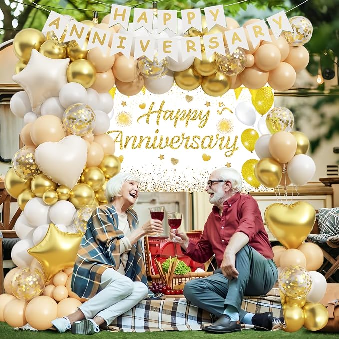 Happy Anniversary Decorations, 89pcs Wedding & Work Anniversary Party Decorations for Women Men, 50th 60th 30th 20th, Backdrop, Banner, Tablecloth, Foil & Latex Balloons, Cake Topper