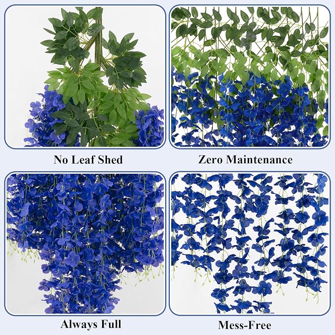 U'Artlines 24 Pack (Total 86.4 Feet) Artificial Fake Wisteria Vine Rattan Hanging Garland Silk Flowers String Home Party Wedding Decor (24, Navy Blue)