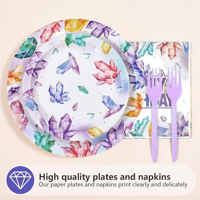 96Pcs Crystal Birthday Party Decorations Purple Gem Stone Diamond Plates and Napkins Tableware Sets Geology Crystal Theme Party Decorations for Women Girls Baby Shower Birthday Supplies Serves 24
