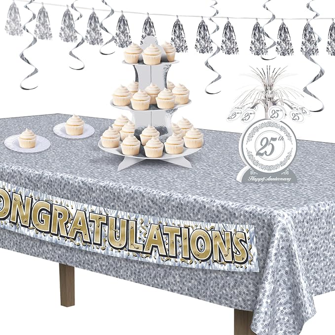 Beistle S50513AZ2 25th Anniversary Centerpieces 2 Piece, 13", Silver/White