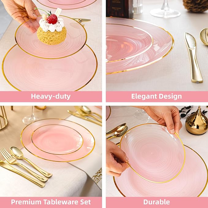 N9R 180PCS Pink Plastic Plates with Gold Trim, Disposable Party Dinnerware Set for 30 Guests, Include 30 Dinner & Salad Plates, Napkins, Forks, Spoons, Knives, Perfect for Wedding, Dinner Party