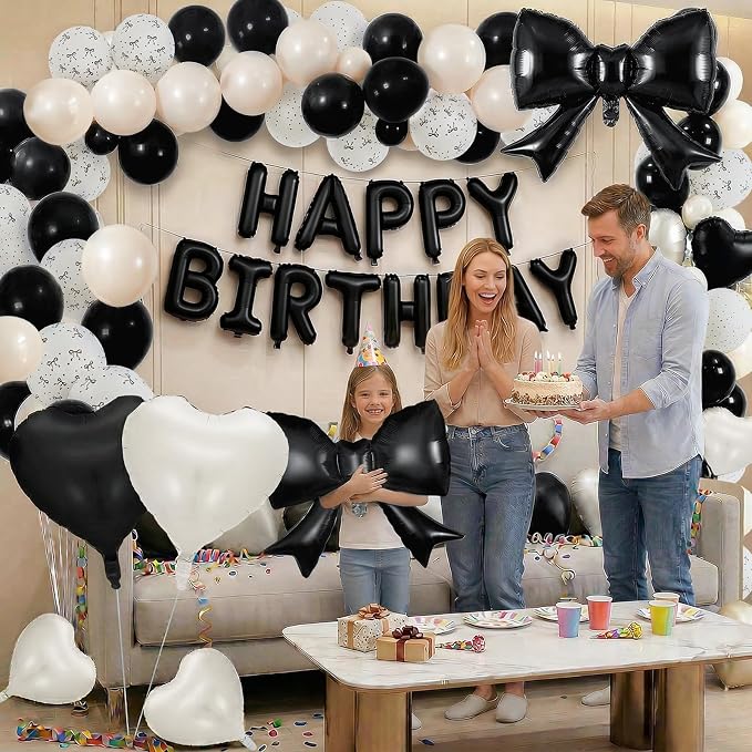 Black White Bow Birthday Decorations Black Sand White Cream Pearl Polka Dot Bows Print Balloon Happy Birthday Banner 38 In Coquette Foil Balloons Heart Balloon for Women Men Bday Party Supplies