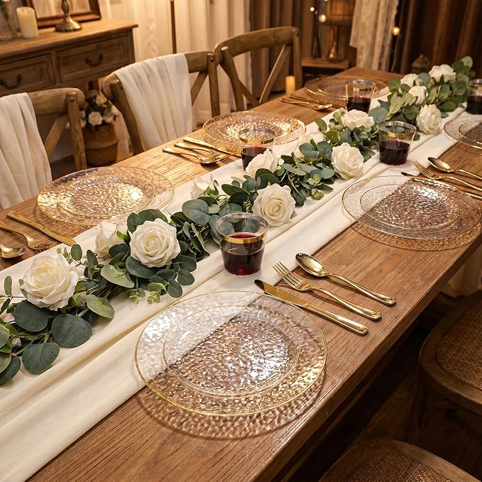 175PCS Clear Plastic Plates for 25 Guests, Disposable Plates for Party, Heavy Duty Disposable Plate Set Include: 25 Dinner Plates, 25 Dessert Plates, 25 Cups and Cutlery for Wedding & Party