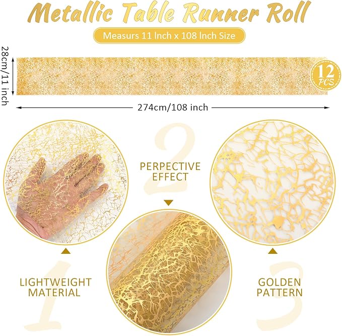 Chumia 12 Pieces Gold Table Runner 11 x 108 Inch Sequin Glitter Table Runner Roll Metallic Thin Mesh Fabric Decor for Party Wedding Shower Birthday Baby Shower Party Supplies