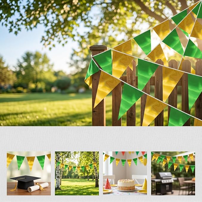 40M/130FT Green Gold Triangle Pennant Banner Flag Metallic Fabric Bunting Garland for Christmas Graduation Wedding Engagement Anniversary Bachelorette Birthday Bridal Shower Hen Party Supplies