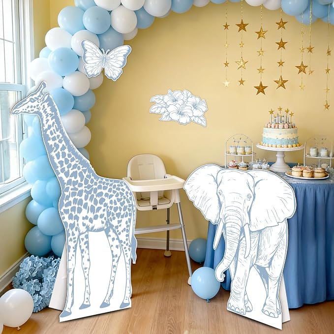 4PCS Blue Jungle Animal Cardboard Standee Set, Giraffe Elephant Cardboard Standee Cutouts, Safari Baby Shower Decorations for Birthday, Gender Reveal