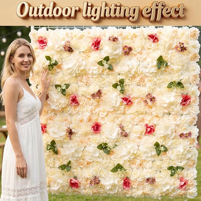 3D Flower Wall Backdrop - 6Pcs 16×24 Inch Artificial Rose Panels Champagne Silk Floral Decor for Home Party Wedding Anniversary Birthday Photographic Studio Background & Decorative Fences