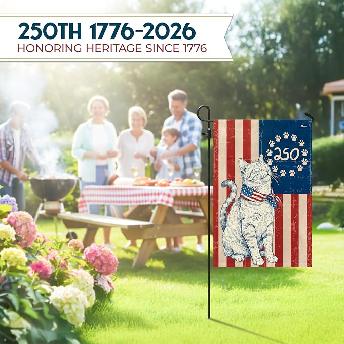 FLAGWIX American 250 Anniversary Patriotic Cat Garden Flag - Polyester Double-sided Yard Flags For Outside Garden Flag (11.5" x 17.5") - 4th of July Decorations for Home Yard Garden Decor Banner