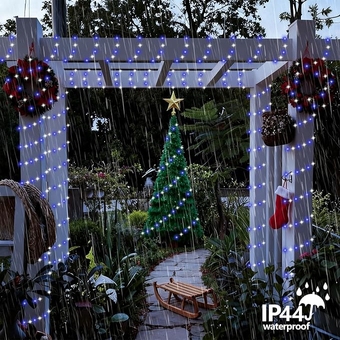 YEGUO 4 Pack Blue and White Solar Fairy Lights, Each 33ft 100 LED Christmas Lights Outdoor Waterproof, 8 Modes Sliver Wire Solar String Lights