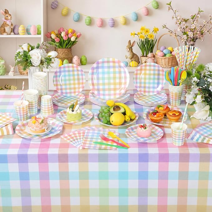 Funnymoom 452 Pcs Pastel Easter Party Decoration for 50, Spring Easter Paper Plates Napkins Cups Tablecloth Cutlery Straws Rainbow Pastel Gingham Plaid Tableware for Spring Birthday Party Supplies