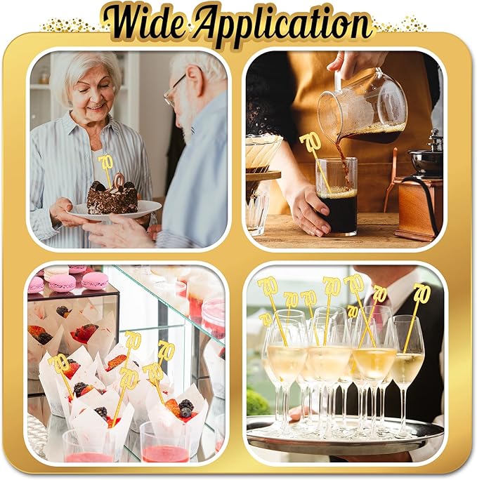 Reallnaive 100 Pcs 70th Birthday Drink Stirrers Gold Glitter Cocktail Stirrers Plastic Swizzle Sticks 7.5 Inch Fall Birthday Cupcake Toppers Sticks Bulk for Coffee Bar Cake Pops Christmas Party Favor