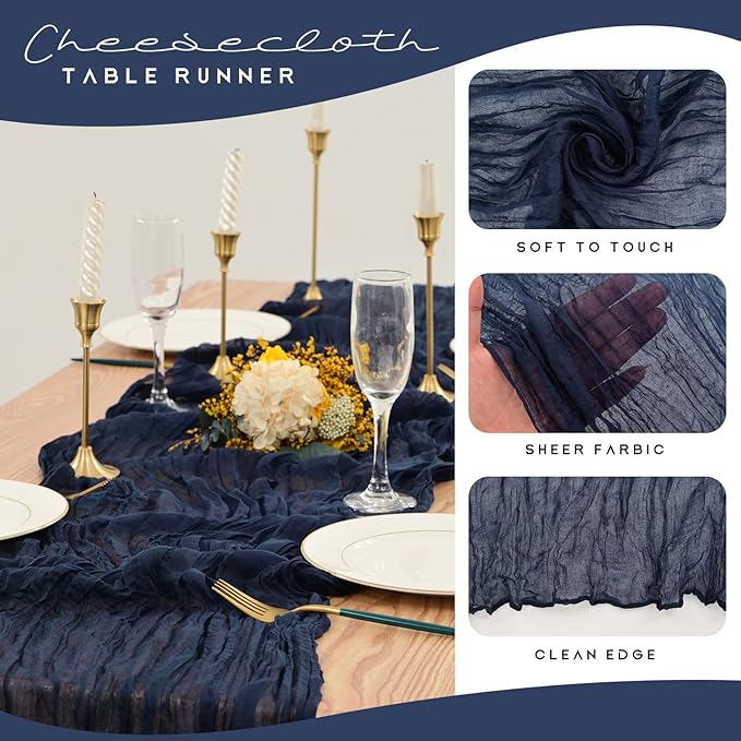 12 Pack Cheesecloth Table Runner 35 x 120 inch Long Boho Cheese Cloth Gauze Table Runners Semi Sheer Table Runner for Wedding Decor, Bridal Shower, Birthday Party (Navy Blue)