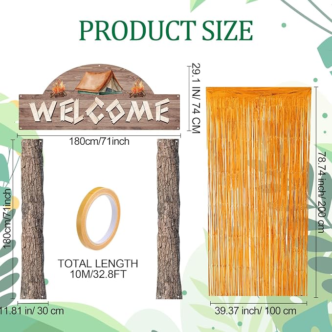 Peryiter 5 Pcs Camping Party Decorations Set, Camp Welcome Arch Banners, Orange Foil Fringe Curtains, Double-sided Tape for Campfire Theme Birthday, Photo Booth & Entrance Backdrop Birthday Decoration