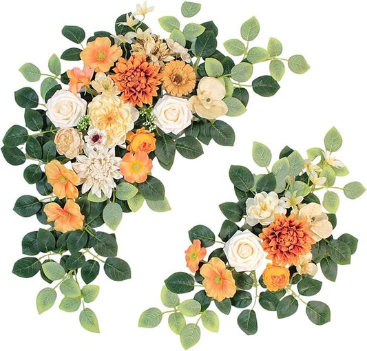 Odouzy Pack of 2 Wedding Arch Decorations Artificial Hanging Flowers Floral Swag for Wedding Welcome Sign Backdrop Balloon Arch Home Party Bridal Ceremony Reusable(Orange)