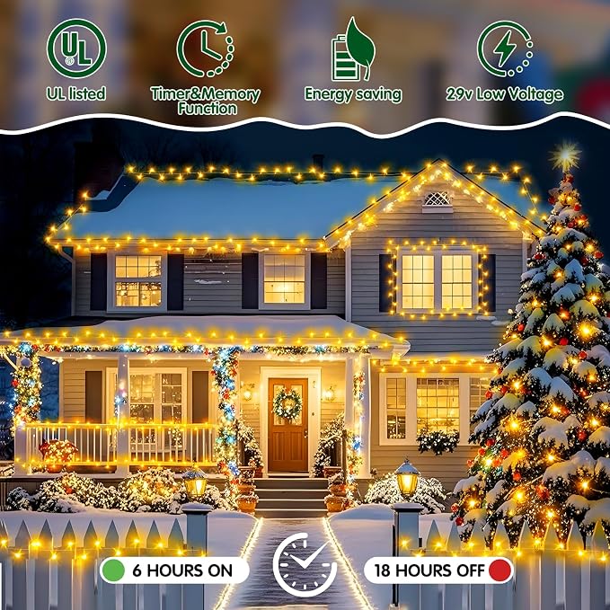 Christmas Lights Outdoor, 125FT 350 LED String Lights 8 Modes and Timer Memory Function Twinkle Fairy Lights Waterproof Plug in for Xmas Tree Wedding Party Holiday Decor(Warm White)