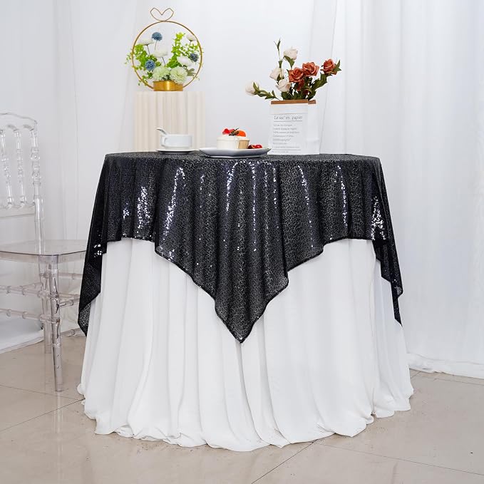 Poise3EHome Black Sequin Tablecloth 50×50 Inch Square Sparkly Fabric Table Cover Overlay for Birthday Halloween Party Holiday Baby Shower Decoration