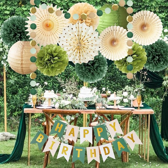 Green Birthday Party Decorations Olive Green Birthday Cream Tissue Pom Poms Paper Lanterns Circle Garland Hanging Paper Fans for Girls Women Neutral Boho Birth Day Decorations
