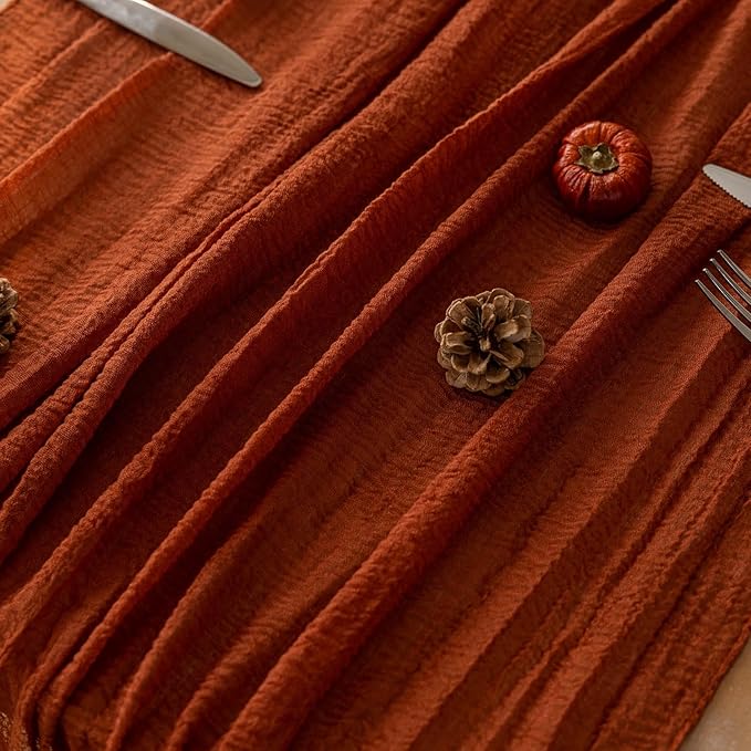 Keketoarrange Fall Thanksgiving Table Runner Terracotta Decorations 120 Inch 10 FT Rustic Burnt Orange Sheer Cheese Cloth for Baby Bridal Shower Friendsgiving Party Centerpiece Gauze Decor for Home