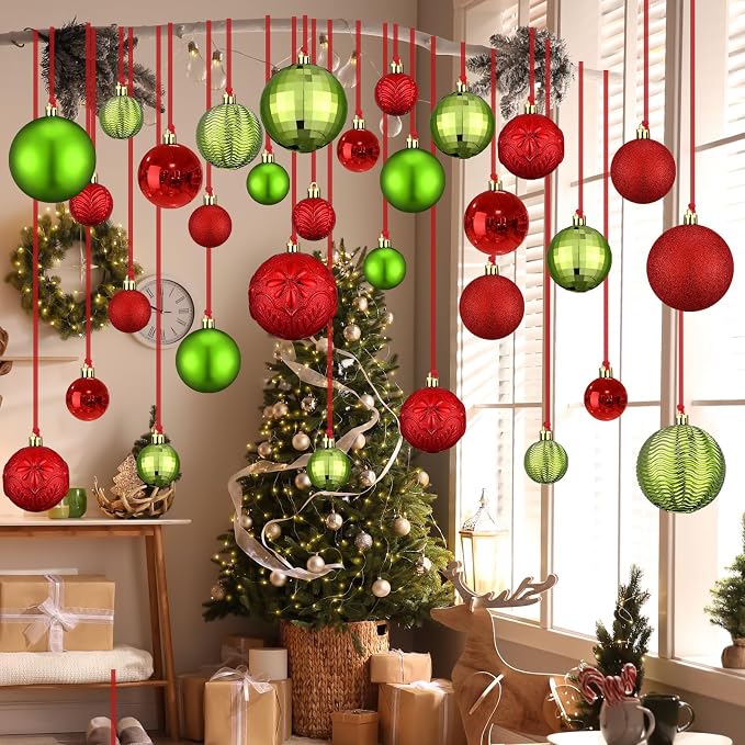 36 Pcs Christmas Balls Ornaments for Ceiling, 1.6'' 2.4'' 3.2'' Large Big Shatterproof Christmas Hanging Decorations Balls for Tree Xmas Holiday Party Indoor(Red, Emerald Green)