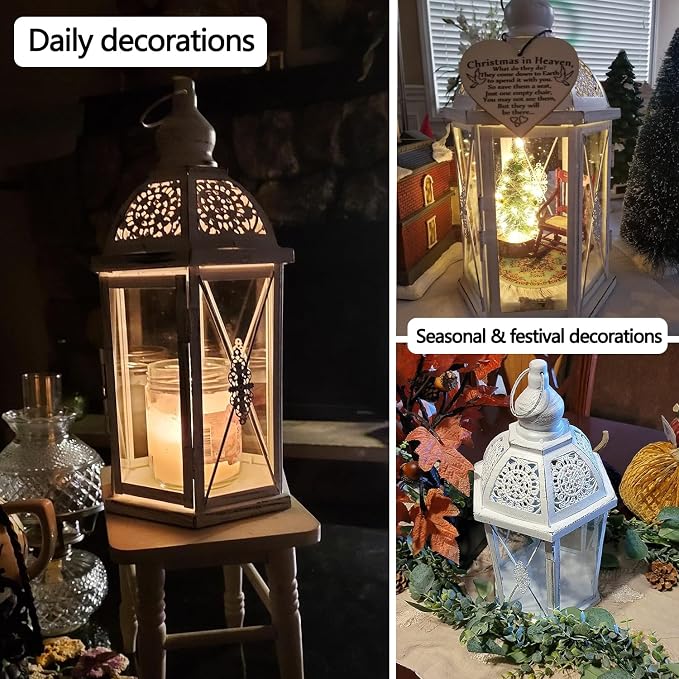Lantern Decorative Indoor & Outdoor, 14.5'' Candle Lantern Farmhouse Home Decor, Hexagon Vintage Hanging Metal Candle Holder for Front Porch Shelf Patio Wedding Party, Christmas Decorations