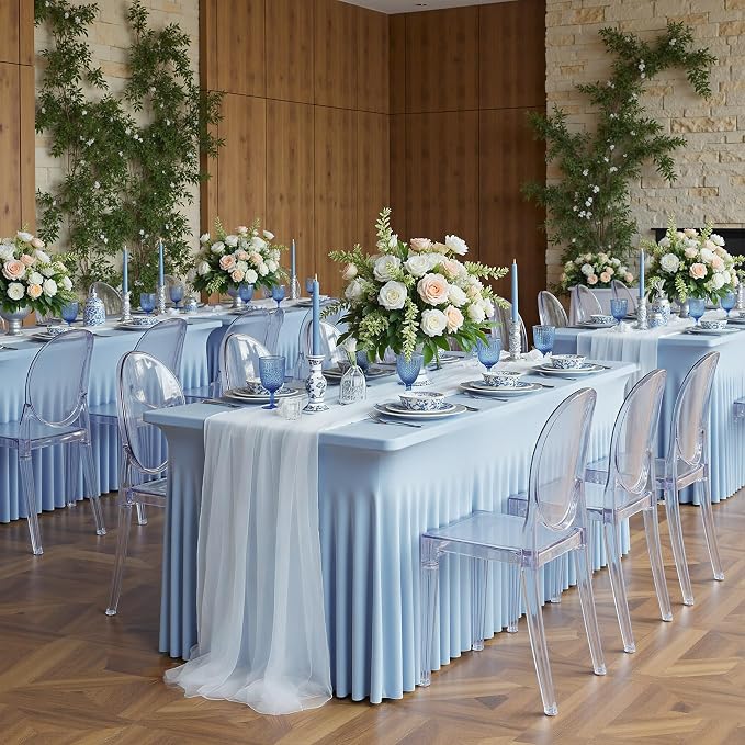 4 Pack Dusty Blue Spandex Tablecloths for 6 Foot Rectangle Tables, Wrinkle Free Stretchy Table Cloths 6ft Fitted Table Cover DeskSkirt for Weddings Birthday Party Banquet Baby Shower