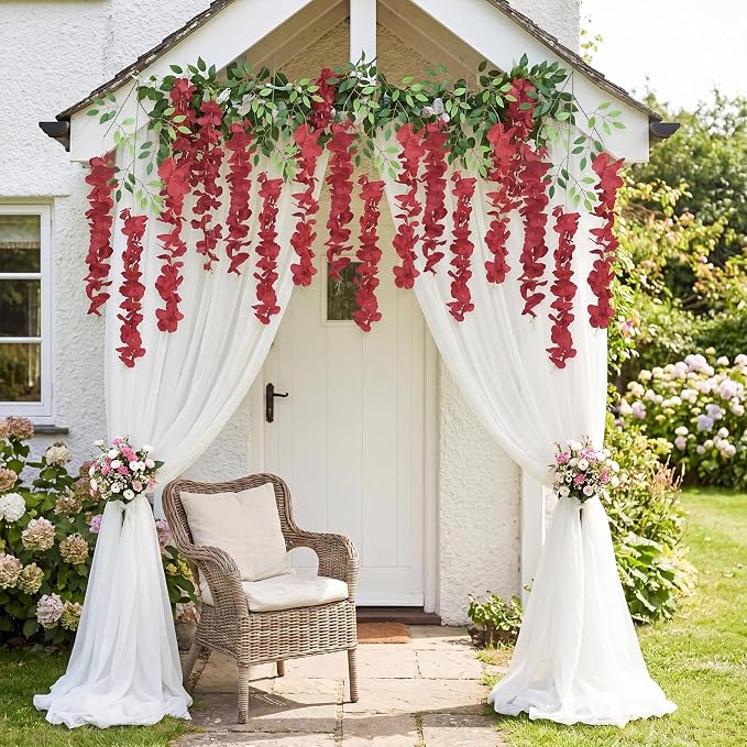12Pack Burgundy Wisteria Hanging Flowers Vines 3.6ft Artificial Silk Flowers Fake Wisteria Bushy Garland Hanging Rattan String for Garden Home Wall Wedding DIY Party Decorations (Burgundy)