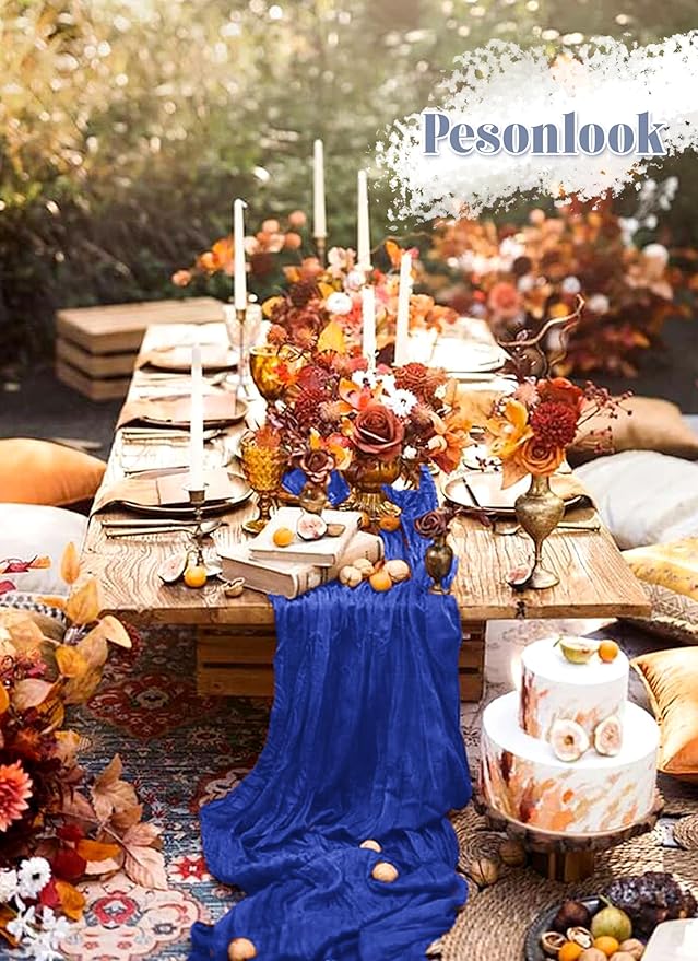 Pesonlook 12 Pack Royal Blue Cheesecloth Boho Table Runner, 10FT Long Semi-Sheer, 21.5' W x 120' L, Polyester, Solid, Wedding & Party Decorations