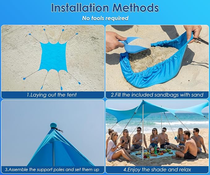 Beach Tent Sun Shelter, 14 × 11FT UPF50+ Protection Beach Shade Canopy, Easy Setup, with 8 Sandbags, 4 Stability Poles, Sand Shovel, Ground Spikes, Outdoor Shade for Sand, Camping, Fishing