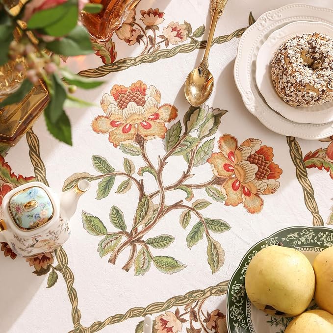 patdrea Vintage French Linen Tablecloth,Rectangular,87"x63"-Santiago C | Beautiful Print Table Cloth for Rectangle Table,Colorful Floral Patterned,for Dining Room Tea Party Thanksgiving