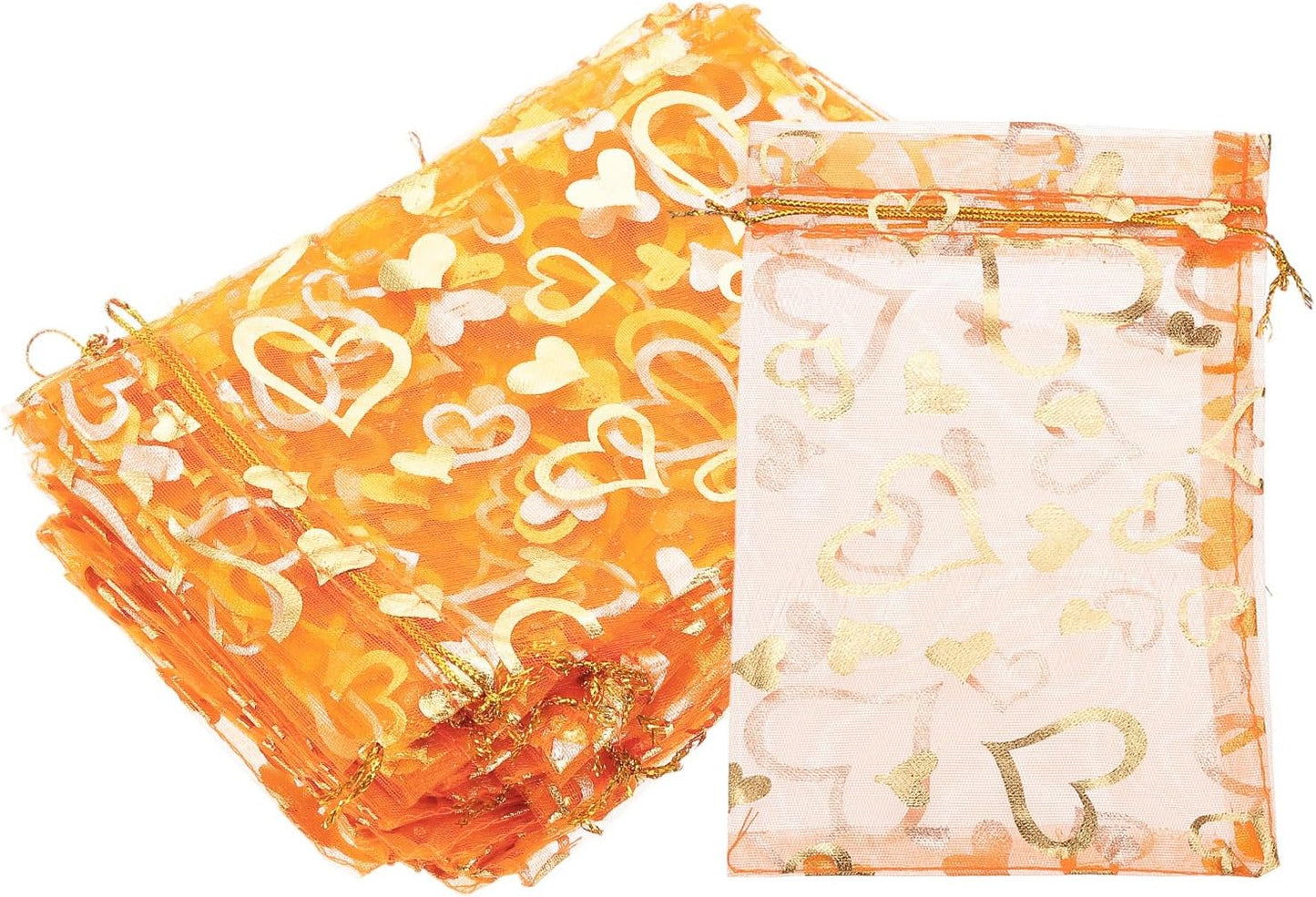 PATIKIL 100 Pcs 4x6 Inch Heart Printed Organza Bags, Orange Sheer Heart Organza Bags with Drawstring for Christmas Candy Jewelry Party Wedding Favor Gift