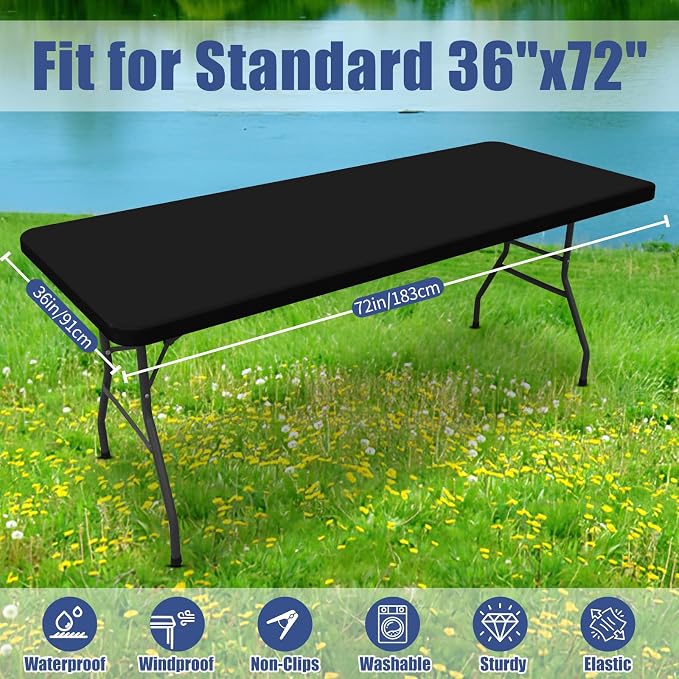 Moosfor Spandex Rectangle Table Cloth 4 Pack, Elastic Fitted Tablecloths for Picnic, Stretch Washable Patio Table Cover for Outdoor, Camping, Banquet and Parties (Black, 36"x72")